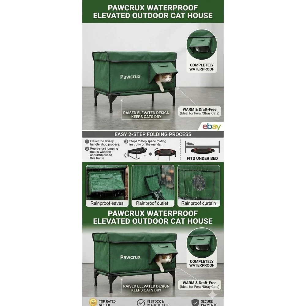 Pawcrux Indoor & Outdoor Elevated Cat House Shelter / Escape Door Green 17x13x17